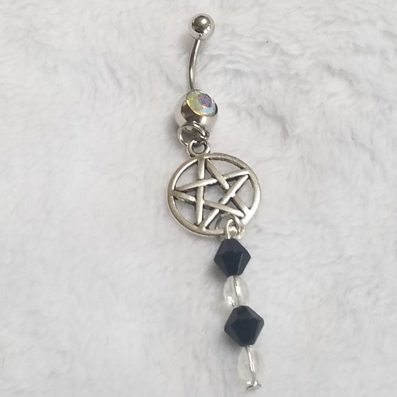 New Gothic Wiccan Pentacle Crystal Belly Ring  14G - Picture 3 of 3
